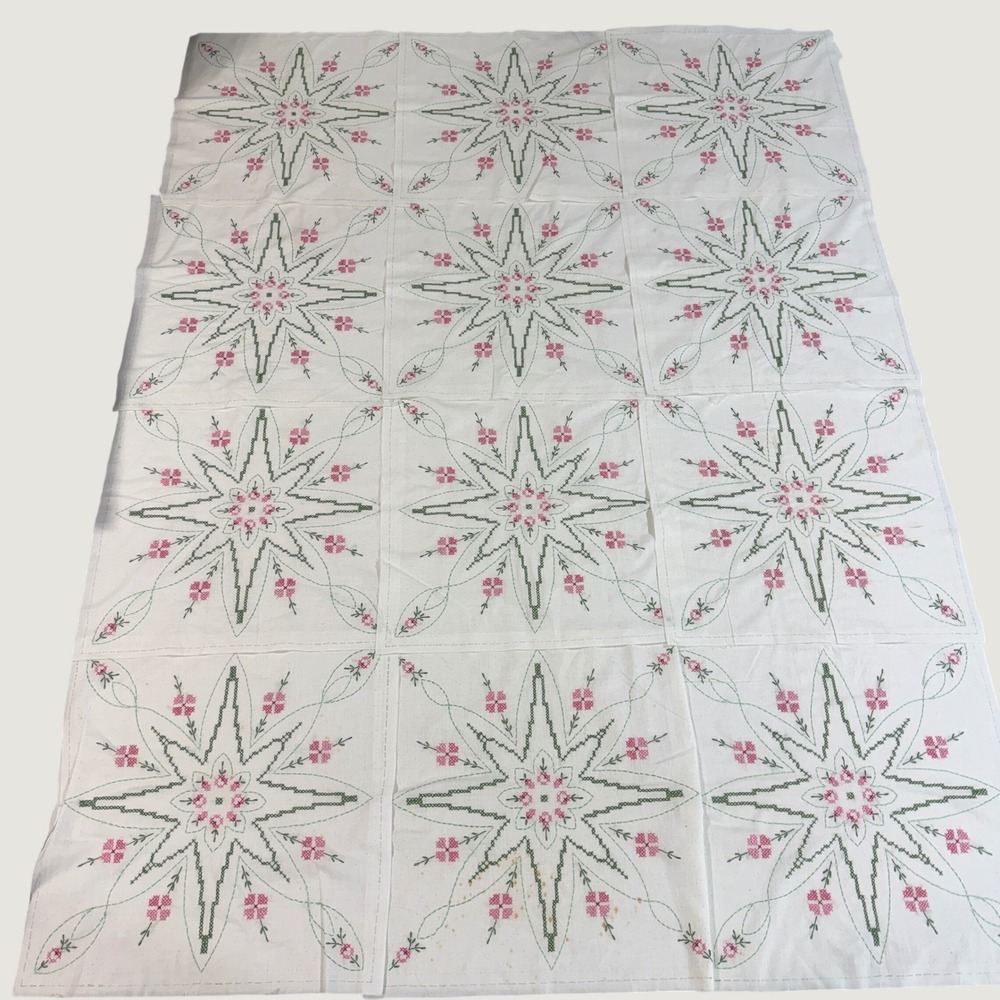 12 Vintage Hand Embroidered Cross Stitch Quilt Blocks 16.5in Pink Green Star